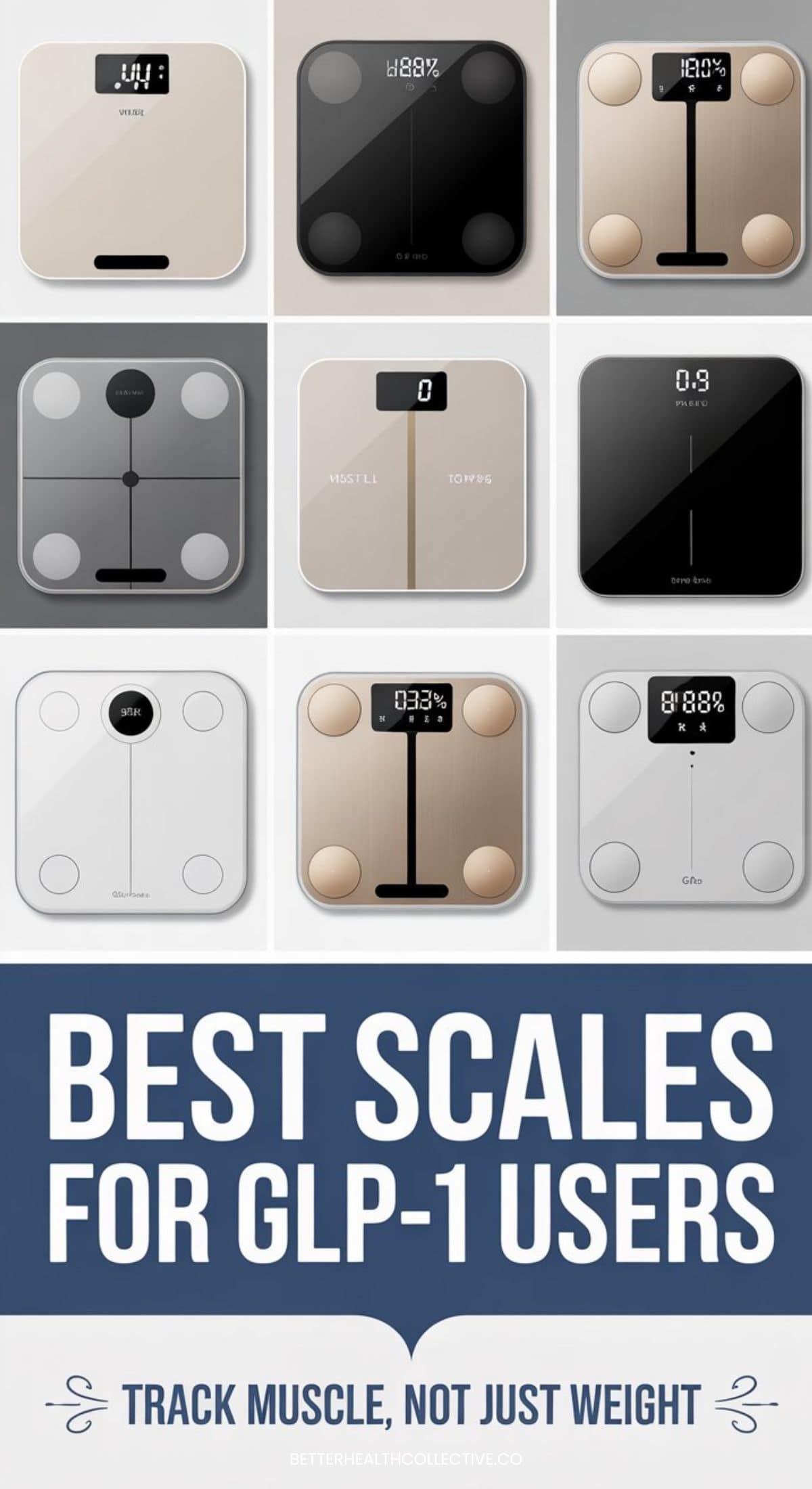 A grid of nine modern digital bathroom scales in various colors and styles, with text below reading “Best Scales for GLP-1 Users” and “Track Muscle While Losing Weight, not just weight.”.