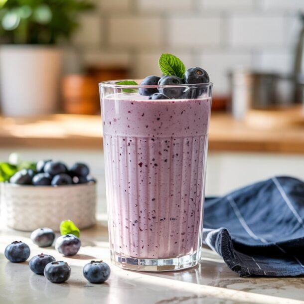 A tall glass of Blueberry Vanilla Cottage Cheese Smoothie garnished with blueberries and a mint leaf sits on a sunlit kitchen counter, surrounded by scattered berries, a small bowl of blueberries, and a folded blue napkin.
