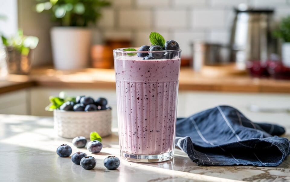 A tall glass of Blueberry Vanilla Cottage Cheese Smoothie garnished with blueberries and a mint leaf sits on a sunlit kitchen counter, surrounded by scattered berries, a small bowl of blueberries, and a folded blue napkin.