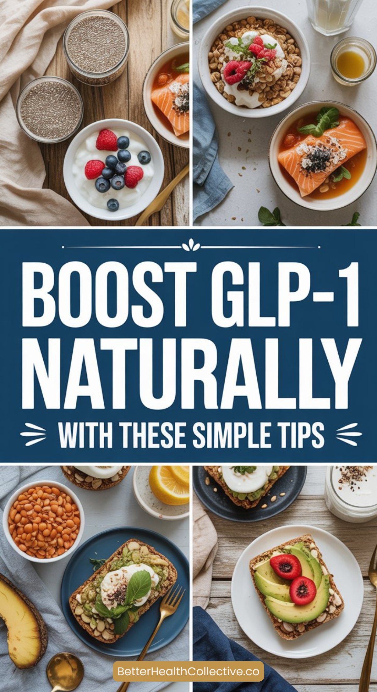 A collage of healthy breakfast foods like yogurt with berries, chia pudding, smoked salmon with greens, whole grain toast with avocado and fruit, and baked beans. Text reads: Boost GLP-1 Naturally With These Simple Tips.