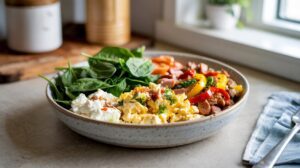 A Breakfast Protein Bowl filled with fresh spinach, scrambled eggs, cottage cheese, and sautéed sausage with colorful bell peppers sits on a kitchen counter near a window.