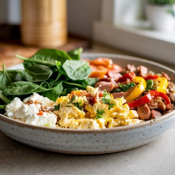 A Breakfast Protein Bowl filled with fresh spinach, scrambled eggs, cottage cheese, and sautéed sausage with colorful bell peppers sits on a kitchen counter near a window.