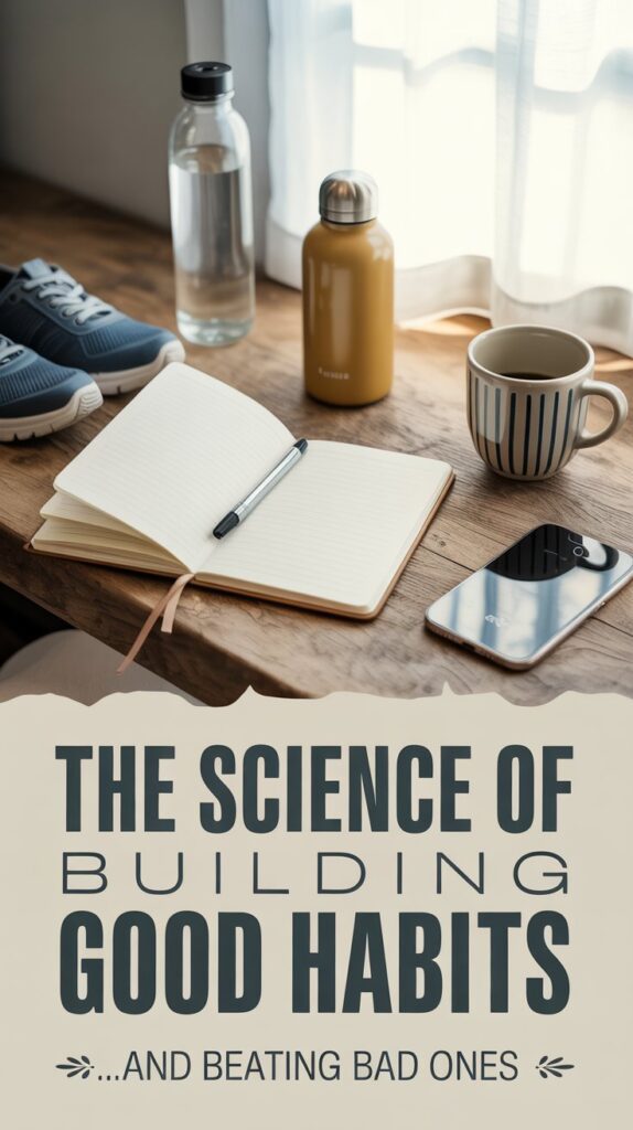 A notebook with a pen, running shoes, a water bottle, a coffee cup, and a smartphone sit on a wooden table. Text reads: The Science of Building Good Habits—discover habit science and tips for beating bad habits.