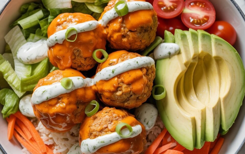 A Protein Bowl featuring rice, lettuce, shredded carrots, cherry tomato halves, avocado slices, and four saucy Buffalo Turkey Meatballs topped with creamy ranch dressing and sliced green onions.