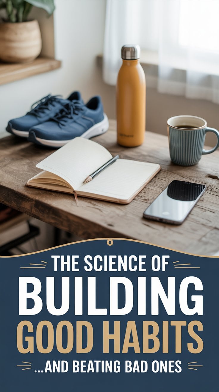 A wooden desk with a notebook, pen, smartphone, cup of coffee, and water bottle next to running shoes. Text on the image reads, The science of habits: building good habits and beating bad ones.