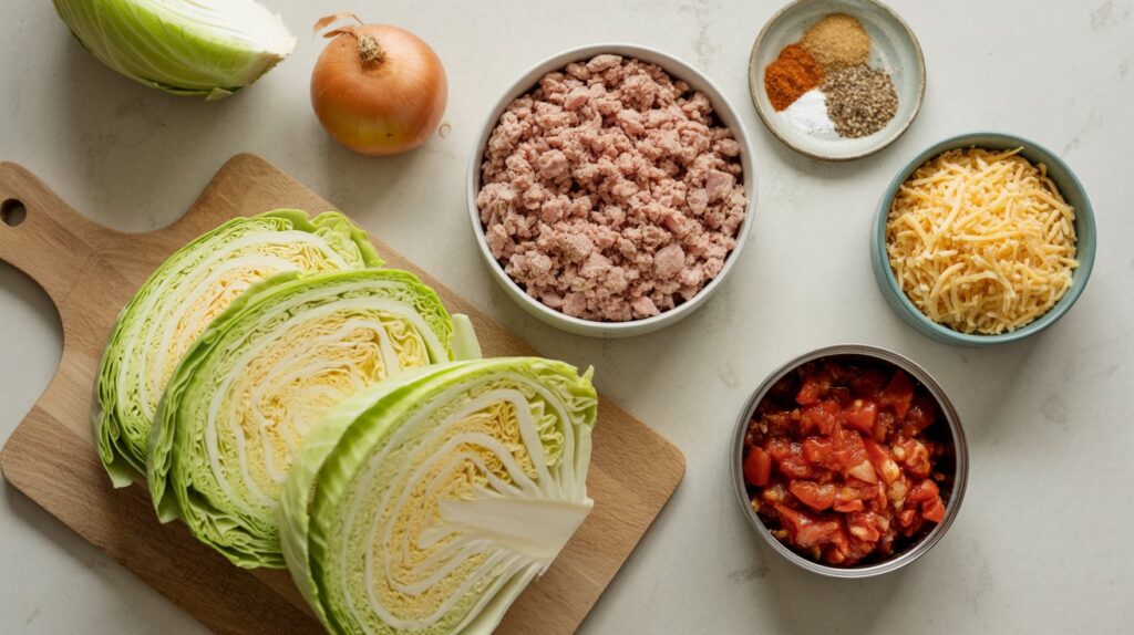 Ingredients for a cabbage lasagna bake arranged on a countertop: sliced cabbage on a cutting board, a whole onion, ground meat in a bowl, shredded cheese, diced tomatoes, and a small dish of spices.