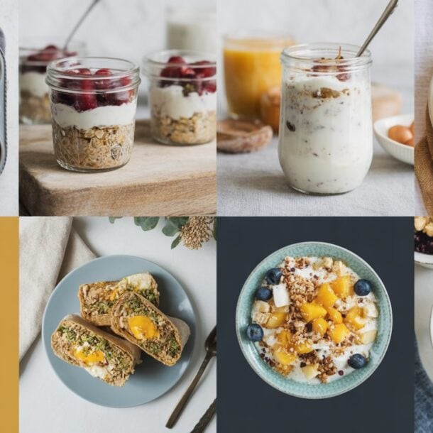A collage of eight cheap high-protein breakfast dishes, including egg muffins, yogurt parfaits, stuffed sweet potatoes, smoothie bowls, and toast for meal prep, with the text High Protein Breakfast on a yellow background.