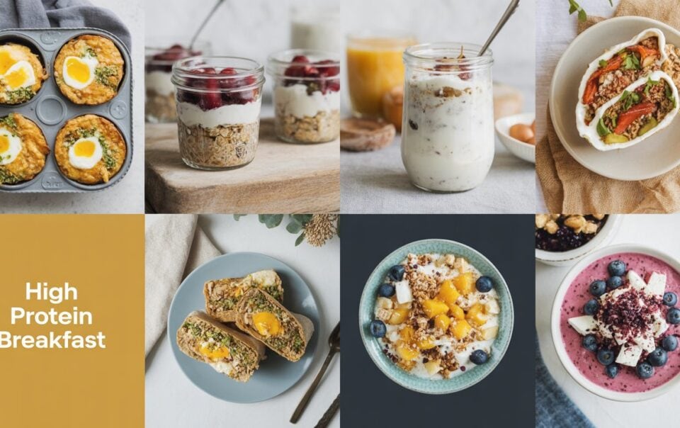 A collage of eight cheap high-protein breakfast dishes, including egg muffins, yogurt parfaits, stuffed sweet potatoes, smoothie bowls, and toast for meal prep, with the text High Protein Breakfast on a yellow background.