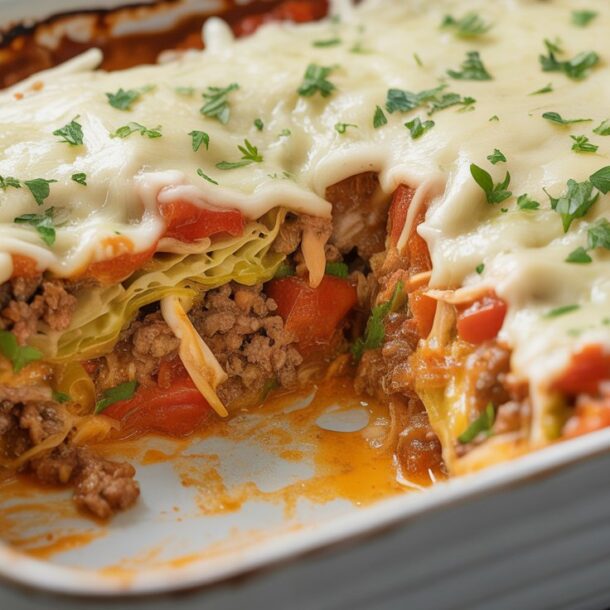 A close-up of a cabbage lasagna bake in a white dish, topped with melted cheese and chopped herbs. A large portion has been cut out, revealing layers of cabbage, meat, vegetables, and sauce.