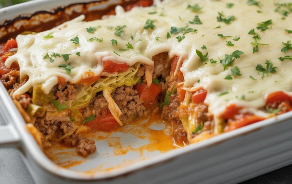 A close-up of a cabbage lasagna bake in a white dish, topped with melted cheese and chopped herbs. A large portion has been cut out, revealing layers of cabbage, meat, vegetables, and sauce.