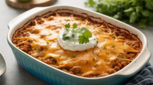 A high-protein cabbage taco casserole fills the dish, baked with melted cheddar cheese, a dollop of sour cream, and fresh cilantro on top, with cilantro leaves in the background—perfect for a GLP-1 friendly meal.