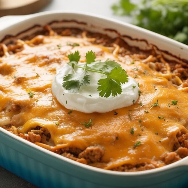 A high-protein cabbage taco casserole fills the dish, baked with melted cheddar cheese, a dollop of sour cream, and fresh cilantro on top, with cilantro leaves in the background—perfect for a GLP-1 friendly meal.