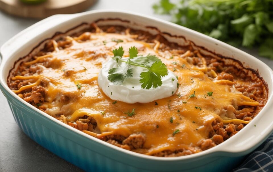 A high-protein cabbage taco casserole fills the dish, baked with melted cheddar cheese, a dollop of sour cream, and fresh cilantro on top, with cilantro leaves in the background—perfect for a GLP-1 friendly meal.