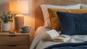 A cozy bedroom scene designed to calm your mind, with a bed featuring white, gold, and navy pillows, a knit blanket, and an open book. The nightstand holds a lit lamp, cup and saucer, gold tray, and a white vase with greenery.