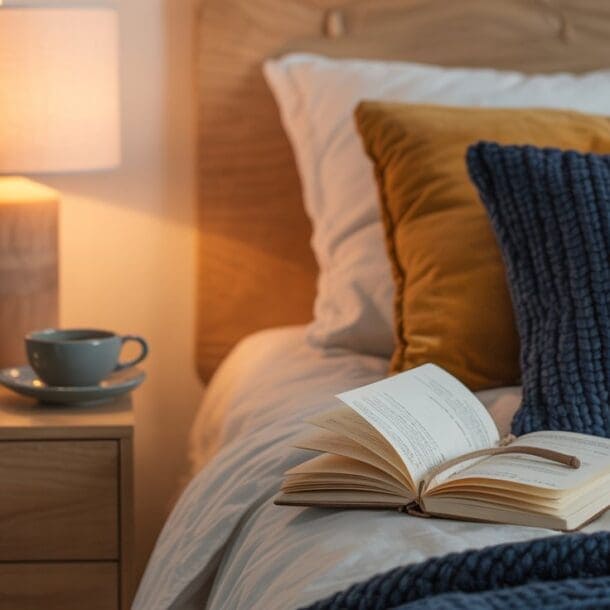 A cozy bedroom scene designed to calm your mind, with a bed featuring white, gold, and navy pillows, a knit blanket, and an open book. The nightstand holds a lit lamp, cup and saucer, gold tray, and a white vase with greenery.