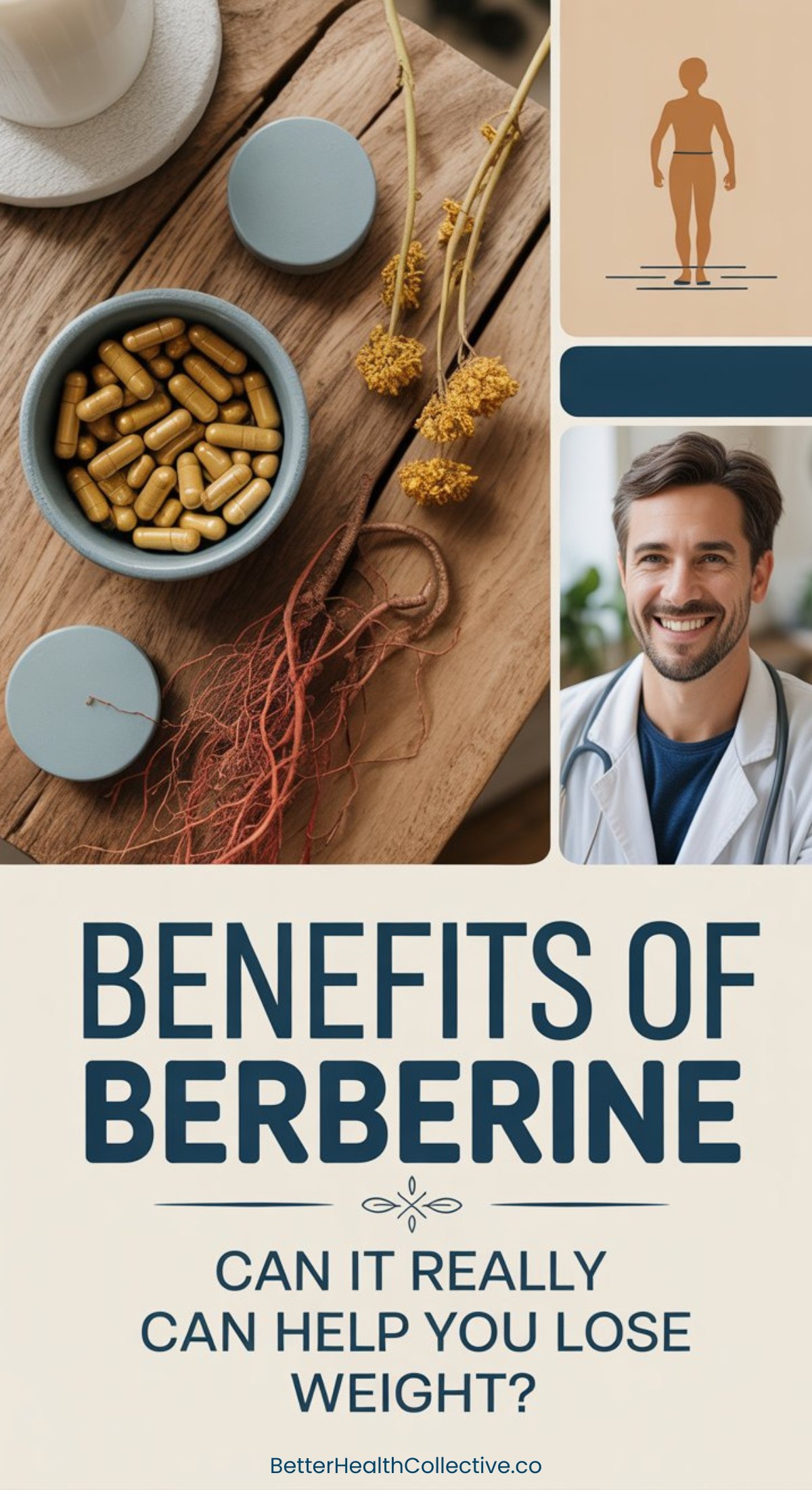 A bowl of berberine capsules, dried herbs, a drawing of a slim figure, and a smiling doctor, with text: “Benefits of Berberine – Can it really help you lose weight?” and a website link at the bottom.