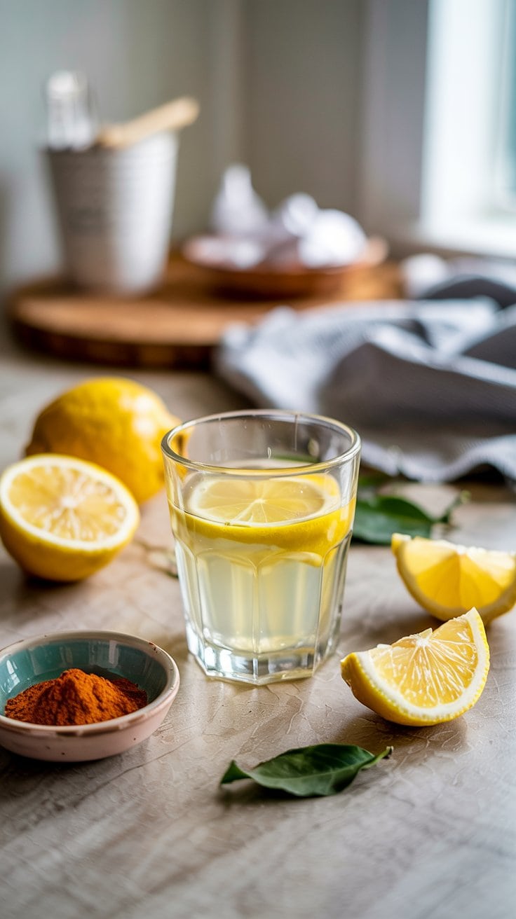 A glass of lemon water with a lemon slice is on a table, surrounded by fresh lemon halves, wedges, green leaves, and a small dish of orange spice—perfect ingredients for crafting a refreshing cayenne lemon shot in a bright kitchen setting.