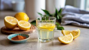 A glass of lemon water with lemon slices sits on a countertop, surrounded by fresh lemon halves and quarters, a small dish of ground spice—perfect for making a homemade cayenne lemon shot—and a blue-striped cloth in the background.