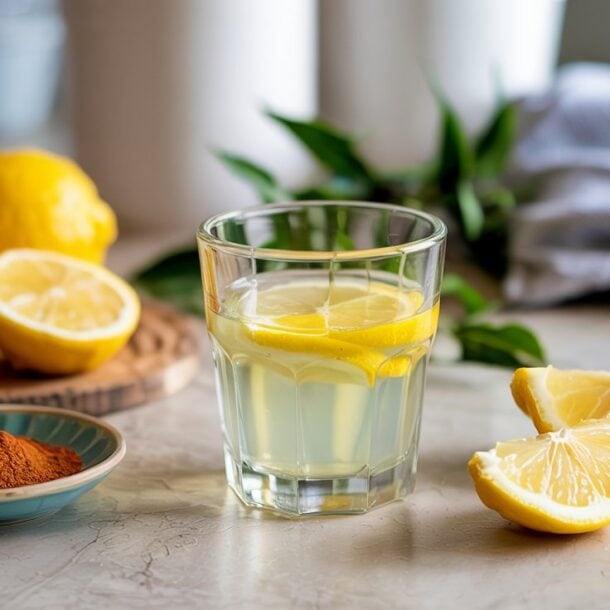 A glass of lemon water with lemon slices sits on a countertop, surrounded by fresh lemon halves and quarters, a small dish of ground spice—perfect for making a homemade cayenne lemon shot—and a blue-striped cloth in the background.