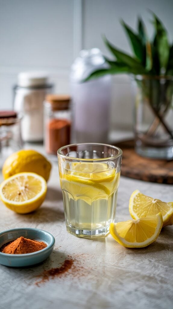 A glass of lemon water with lemon slices sits on a table, surrounded by fresh lemon wedges, a small dish of red spice, and jars of ingredients—perfect for making homemade immunity shots—with a plant in the background.