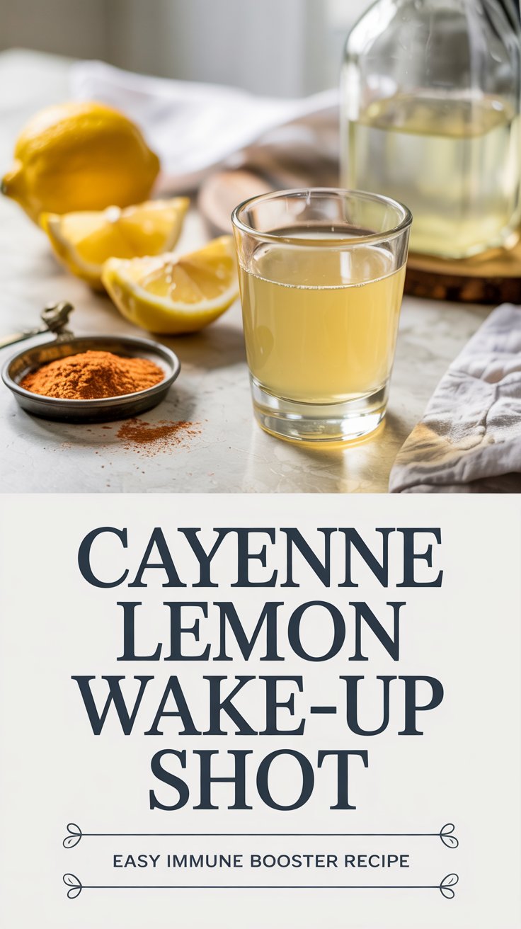A small glass of cayenne lemon shot sits on a table near a cut lemon, a spoonful of cayenne powder, a jar of liquid, and a towel. Text below reads: Cayenne Lemon Wake-Up Shot. Easy Immune Booster Recipe.