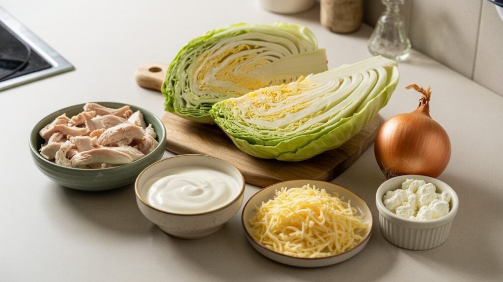 A kitchen counter with halved cabbage on a cutting board, and bowls of shredded chicken, sour cream, shredded cheese, cottage cheese, and a whole onion—perfect for high-protein meal prep or assembling a cheesy chicken dish.