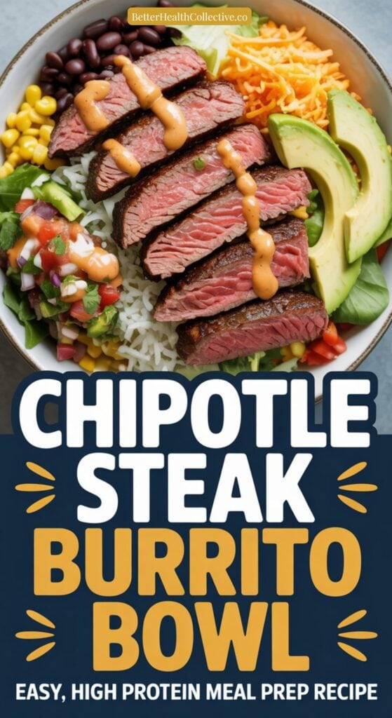 A bowl filled with sliced steak, avocado, shredded cheese, rice, beans, corn, tomatoes, and lettuce, drizzled with sauce. Text reads: Chipotle Copycat Steak Burrito Bowl. Easy, High-Protein Meal Prep Recipe.