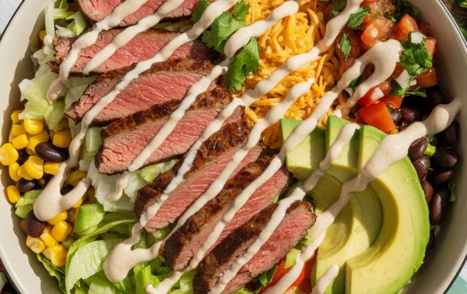 A Chipotle Steak Burrito Bowl filled with sliced grilled steak, shredded cheese, black beans, corn, diced tomatoes, avocado slices, lettuce, and drizzled with creamy dressing—a high-protein meal prep favorite.