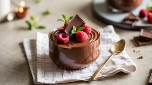 A small bowl of chocolate mousse topped with raspberries, a piece of chocolate, and mint leaves sits on a folded cloth napkin beside a gold spoon. Blurred chocolate pieces and raspberries are in the background.