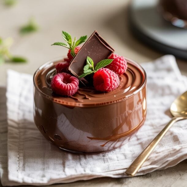 A small bowl of chocolate mousse topped with raspberries, a piece of chocolate, and mint leaves sits on a folded cloth napkin beside a gold spoon. Blurred chocolate pieces and raspberries are in the background.
