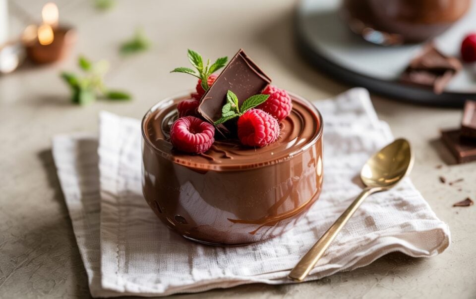 A small bowl of chocolate mousse topped with raspberries, a piece of chocolate, and mint leaves sits on a folded cloth napkin beside a gold spoon. Blurred chocolate pieces and raspberries are in the background.