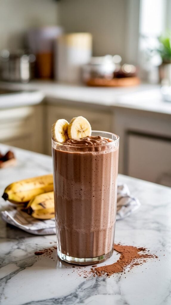A tall glass of high-protein chocolate banana smoothie made with cottage cheese sits on a marble countertop, topped with banana slices, cocoa powder sprinkled nearby, and two bananas in the background. Healthy smoothies never tasted so good!.