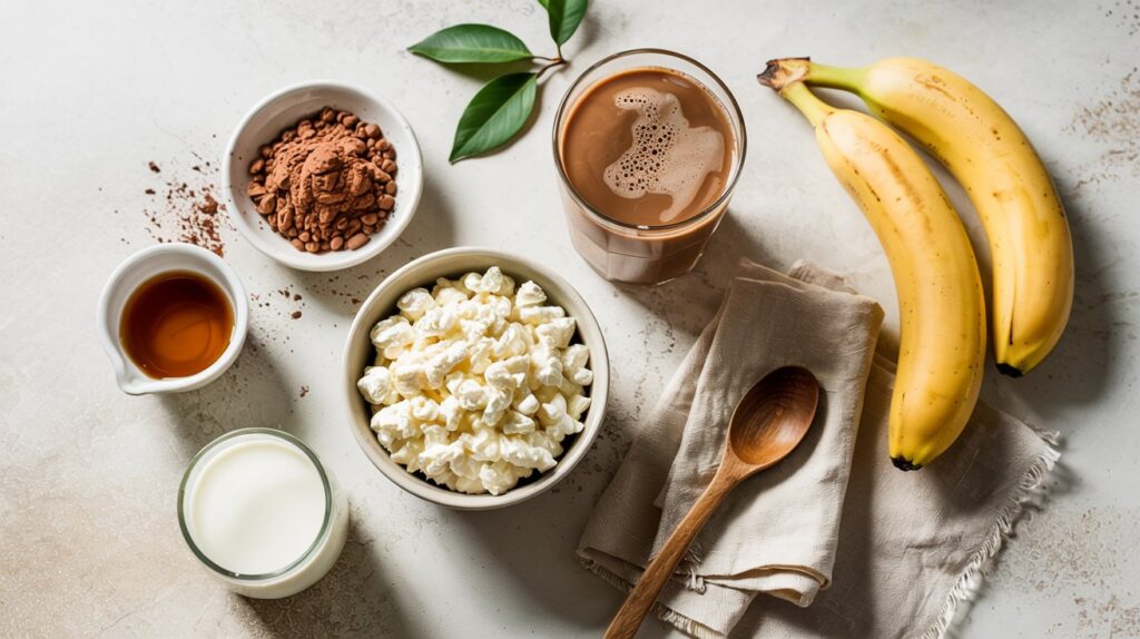 A bowl of popcorn, two bananas, a glass of chocolate milk, a small glass of milk, a cup of vanilla extract, cocoa powder, and a wooden spoon are arranged with beige napkins and green leaves—perfect ingredients for a Cottage Cheese Chocolate Smoothie.