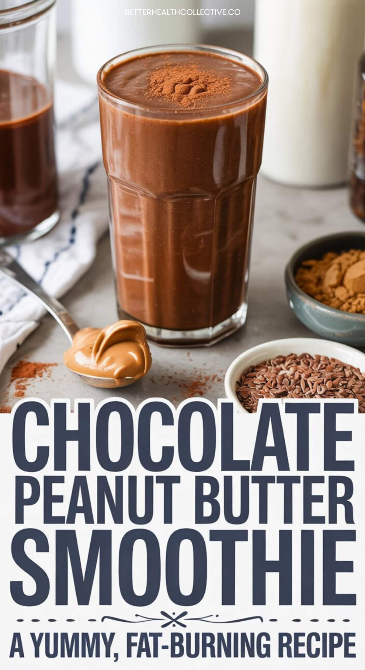 A glass of Chocolate Peanut Butter Smoothie sits on a table next to a spoonful of peanut butter, cocoa powder, and flax seeds. Text reads: Chocolate Peanut Butter Smoothie—a tasty fat-burning smoothie recipe you’ll love!.