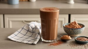 A glass of chocolate peanut butter smoothie sits on a kitchen counter, surrounded by a spoonful of peanut butter, a bowl of cocoa powder, a small dish of flax seeds, and a folded checkered kitchen towel.
