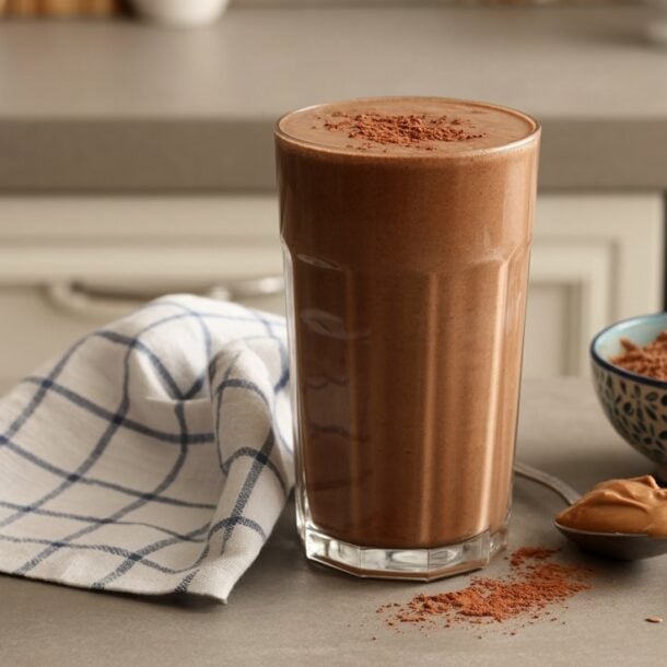 A glass of chocolate peanut butter smoothie sits on a kitchen counter, surrounded by a spoonful of peanut butter, a bowl of cocoa powder, a small dish of flax seeds, and a folded checkered kitchen towel.