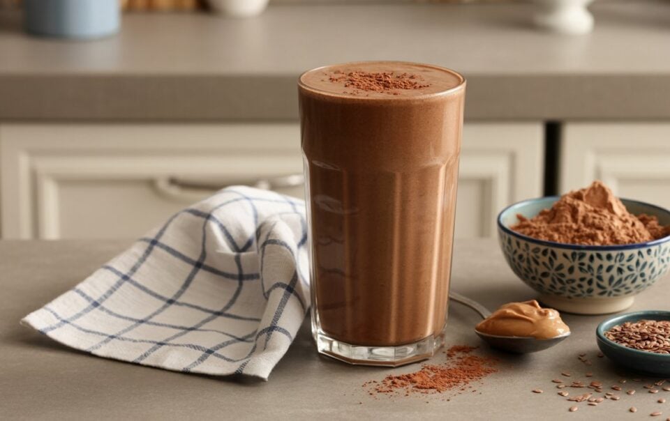 A glass of chocolate peanut butter smoothie sits on a kitchen counter, surrounded by a spoonful of peanut butter, a bowl of cocoa powder, a small dish of flax seeds, and a folded checkered kitchen towel.