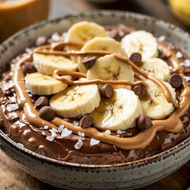 A bowl of chocolate peanut butter smoothie topped with banana slices, chocolate chips, peanut butter drizzle, and a sprinkle of sea salt, creating a delicious high-protein dessert, set on a wooden tray with a spoon and napkin nearby.