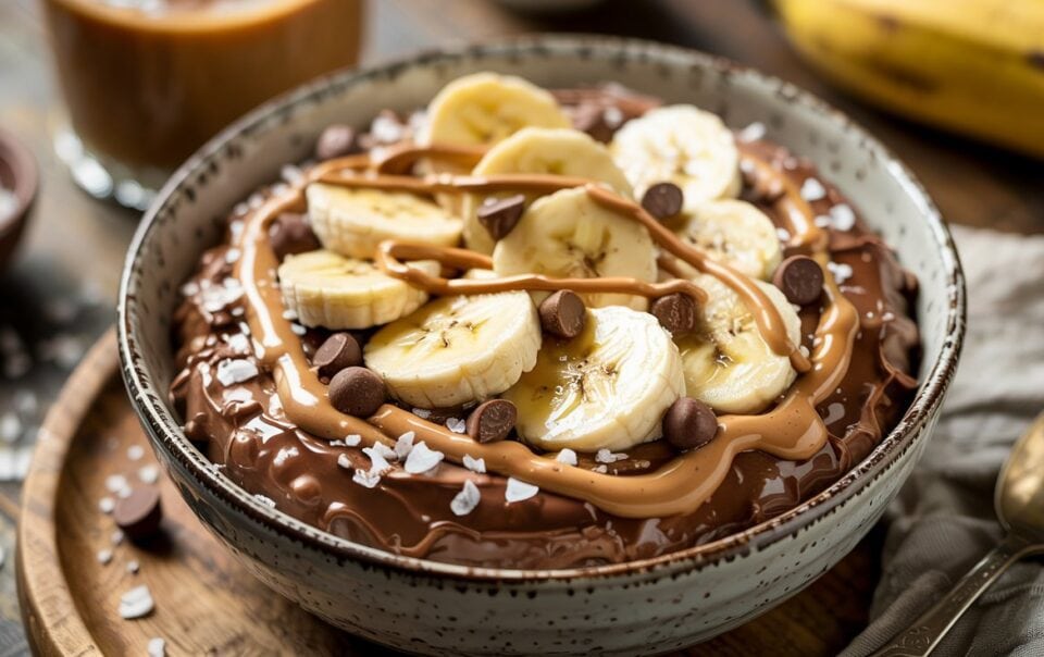 A bowl of chocolate peanut butter smoothie topped with banana slices, chocolate chips, peanut butter drizzle, and a sprinkle of sea salt, creating a delicious high-protein dessert, set on a wooden tray with a spoon and napkin nearby.
