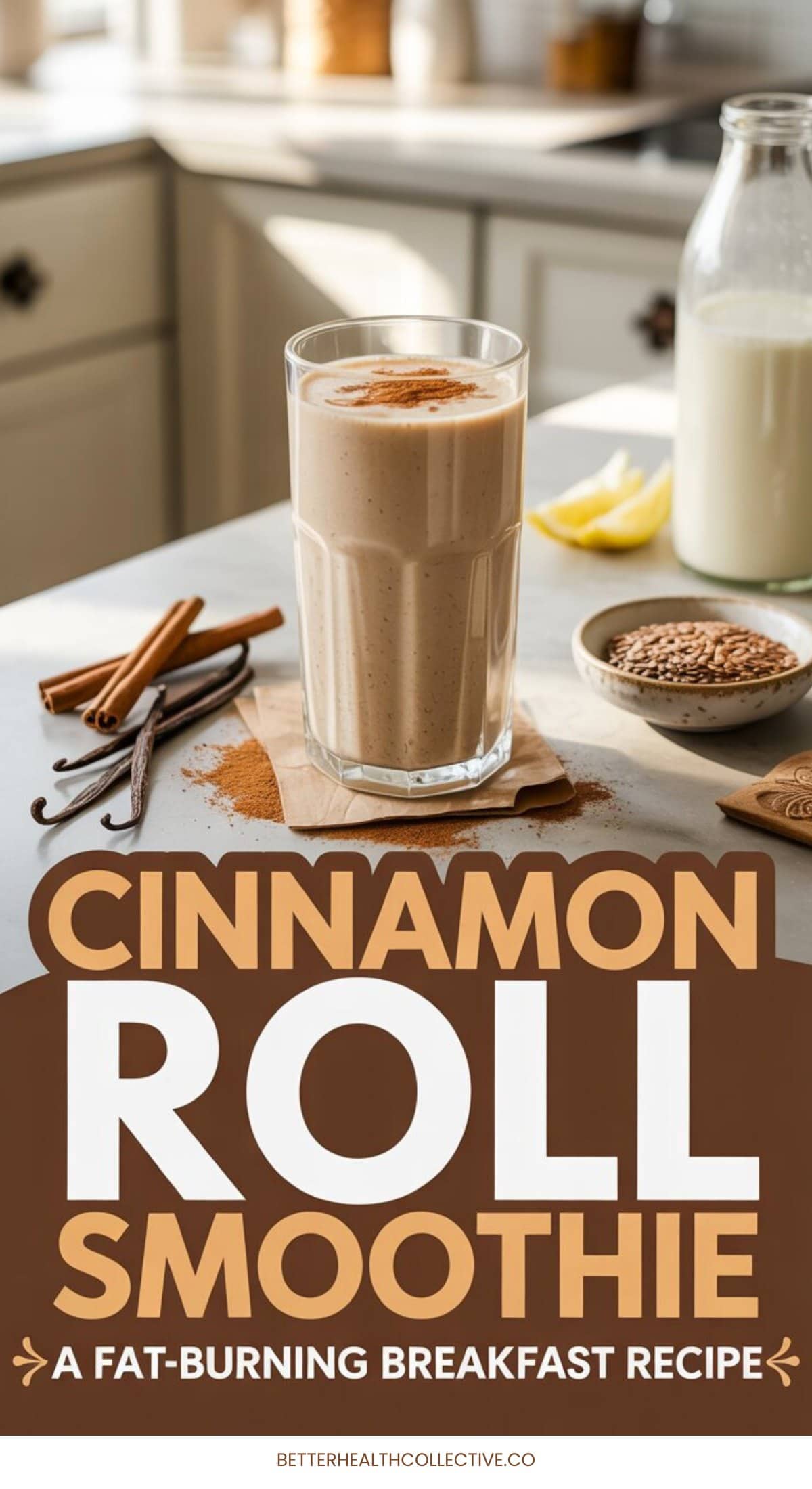 A glass of Cinnamon Roll Smoothie topped with cinnamon sits on a kitchen counter, surrounded by cinnamon sticks, flax seeds, a sliced banana, and a bottle of milk. Text reads, Cinnamon Roll Smoothie: A Fat-Burning Breakfast Recipe.