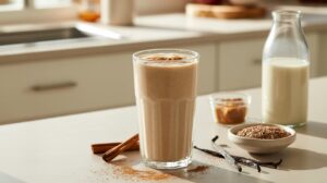A glass of creamy Cinnamon roll smoothie topped with cinnamon sits on a kitchen counter, surrounded by a bottle of milk, cinnamon sticks, a small bowl of ground spice, a bowl of seeds, and vanilla pods—the perfect fat-burning breakfast treat.