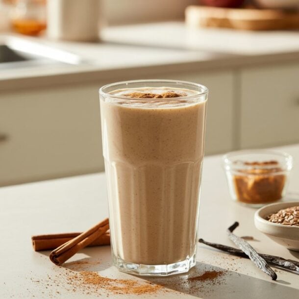 A glass of creamy Cinnamon roll smoothie topped with cinnamon sits on a kitchen counter, surrounded by a bottle of milk, cinnamon sticks, a small bowl of ground spice, a bowl of seeds, and vanilla pods—the perfect fat-burning breakfast treat.