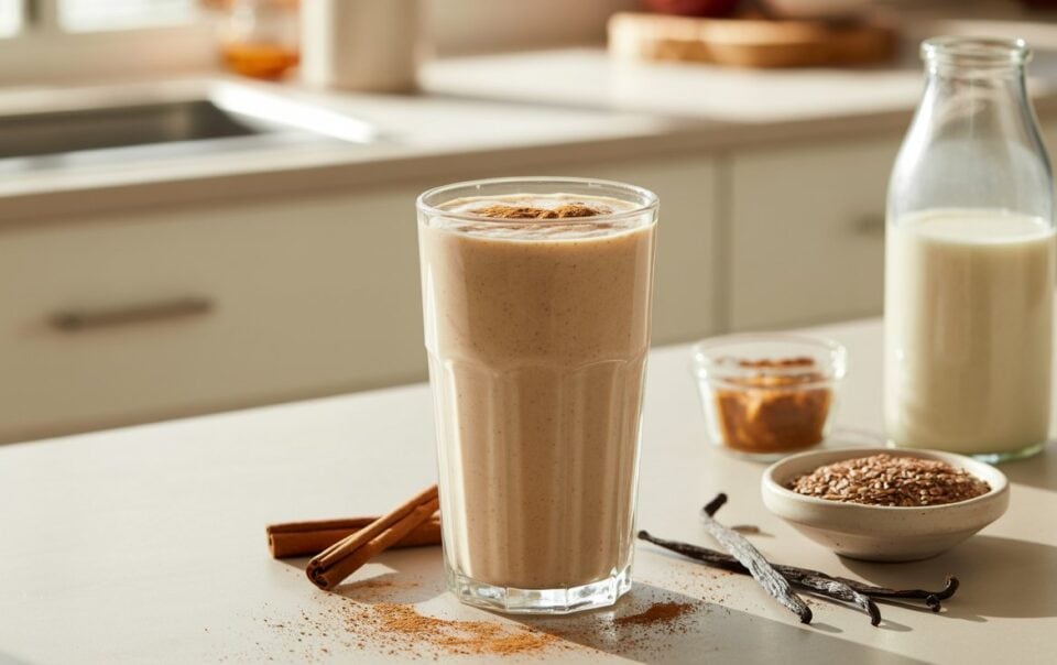 A glass of creamy Cinnamon roll smoothie topped with cinnamon sits on a kitchen counter, surrounded by a bottle of milk, cinnamon sticks, a small bowl of ground spice, a bowl of seeds, and vanilla pods—the perfect fat-burning breakfast treat.