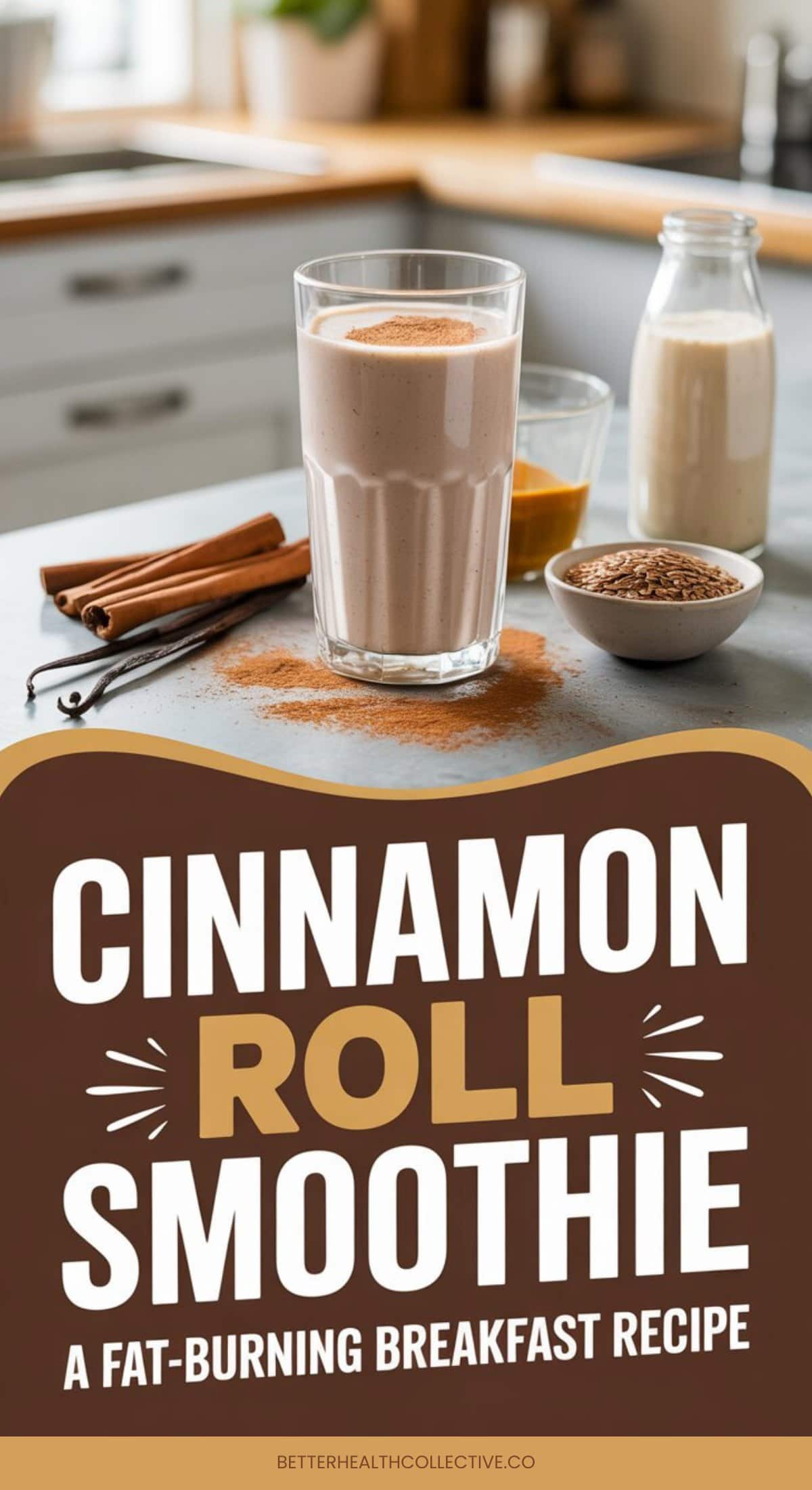 A glass of Cinnamon Roll Smoothie on a kitchen counter, surrounded by cinnamon sticks, a bowl of flaxseeds, and a jar of milk. Text reads: “Cinnamon Roll Smoothie: A Fat-Burning Breakfast Recipe.”.