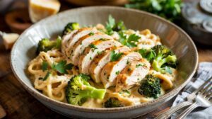 A high protein Chicken Bowl featuring creamy Cottage Cheese Alfredo pasta, topped with sliced grilled chicken breast, steamed broccoli, and fresh parsley. Served on a rustic table with cutlery nearby.