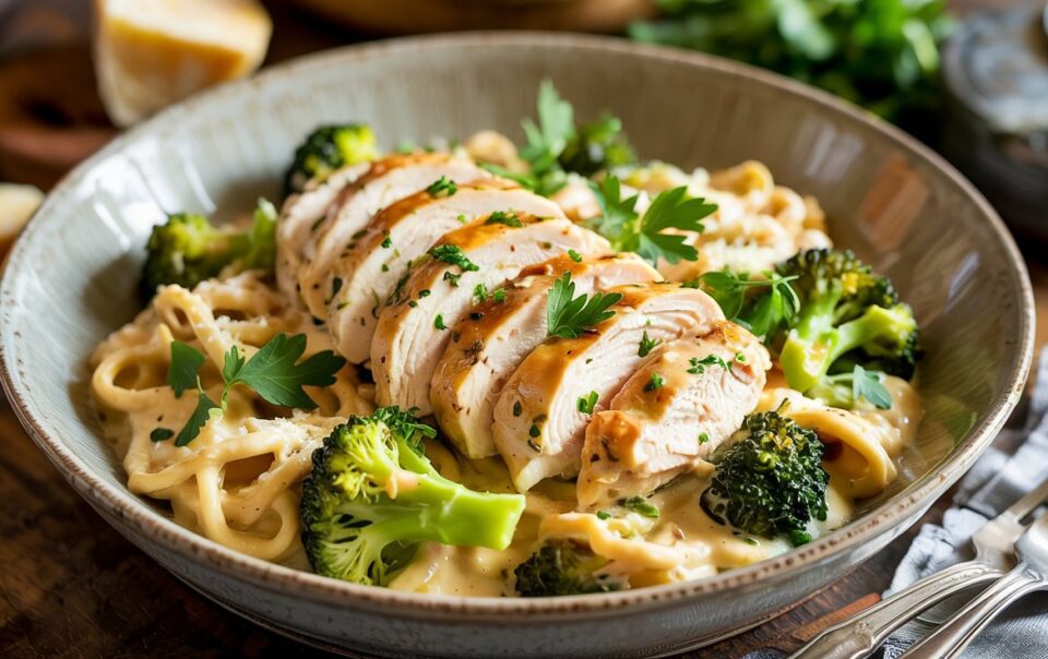 A high protein Chicken Bowl featuring creamy Cottage Cheese Alfredo pasta, topped with sliced grilled chicken breast, steamed broccoli, and fresh parsley. Served on a rustic table with cutlery nearby.
