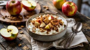 A bowl of yogurt topped with apple slices and granola sits on a napkin with two spoons. Whole and sliced apples are in the background on a rustic wooden table.