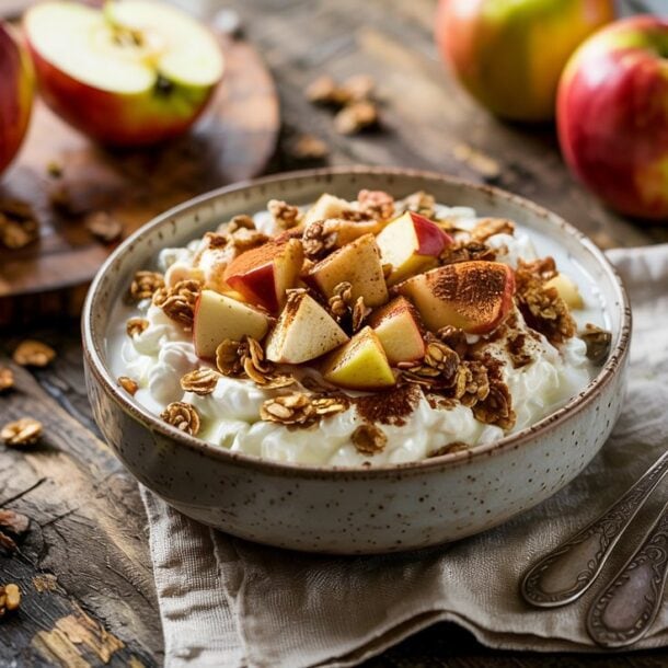A bowl of yogurt topped with apple slices and granola sits on a napkin with two spoons. Whole and sliced apples are in the background on a rustic wooden table.
