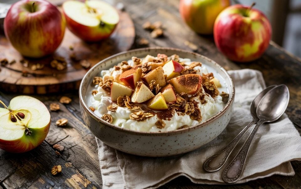 A bowl of yogurt topped with apple slices and granola sits on a napkin with two spoons. Whole and sliced apples are in the background on a rustic wooden table.