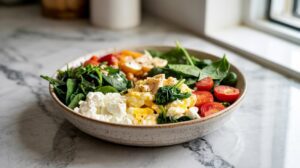 A protein bowl of fresh salad sits on a marble countertop with spinach leaves, halved cherry tomatoes, yellow bell pepper, cottage cheese, and scrambled eggs, all topped with black pepper. Natural light streams in from a nearby window.